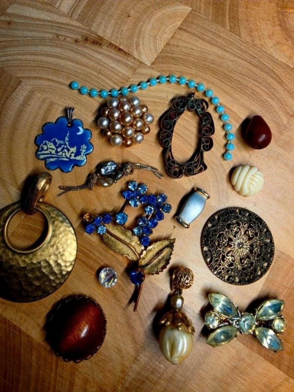 Junk Art Jewelry Curated Lot #5 "Curio" Metals Enamels Rhinestones Wood Mixed-Me
